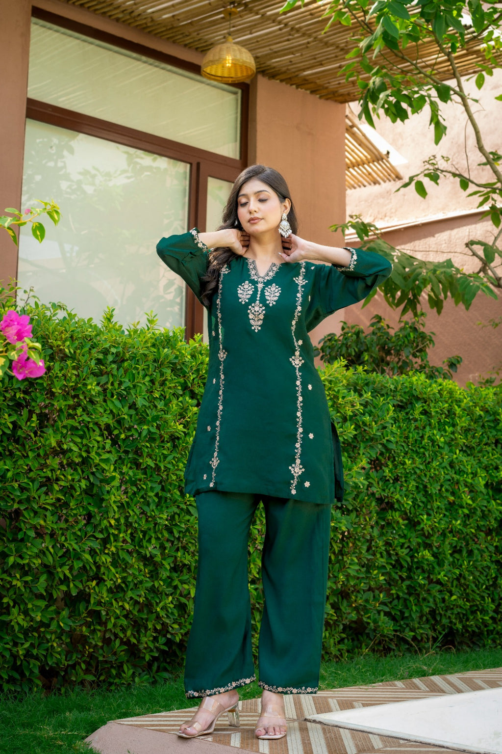 Emerald Green Embroidered Co-Ord Set for Women HSDAACSTP000002