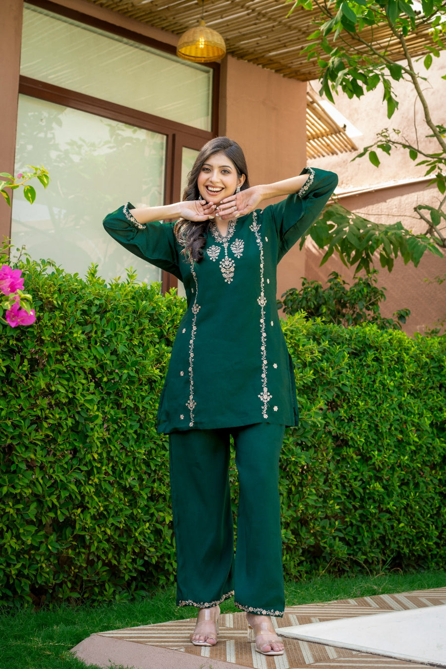 Emerald Green Embroidered Co-Ord Set for Women HSDAACSTP000002