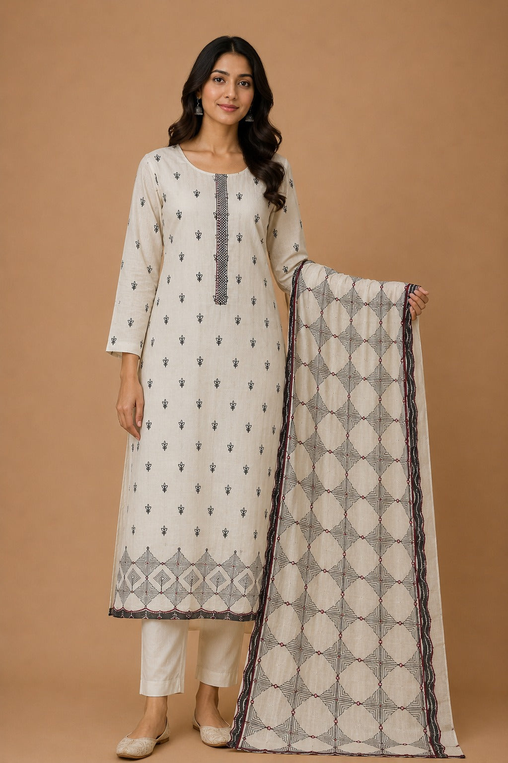 Fawn Black Mal Chanderi Unstitched Suit Set
