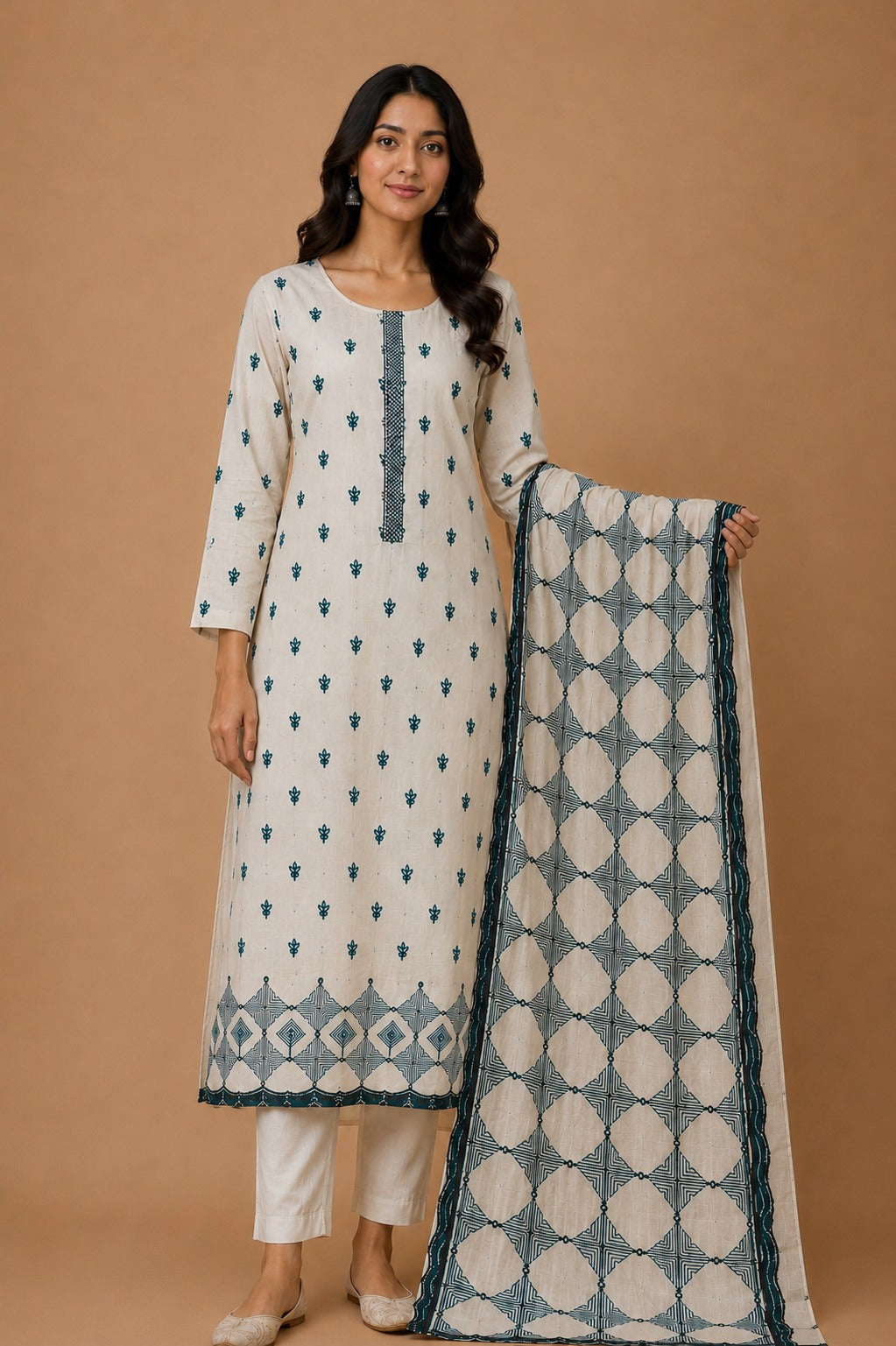 Fawn Teal Mal Chanderi Unstitched Suit Set