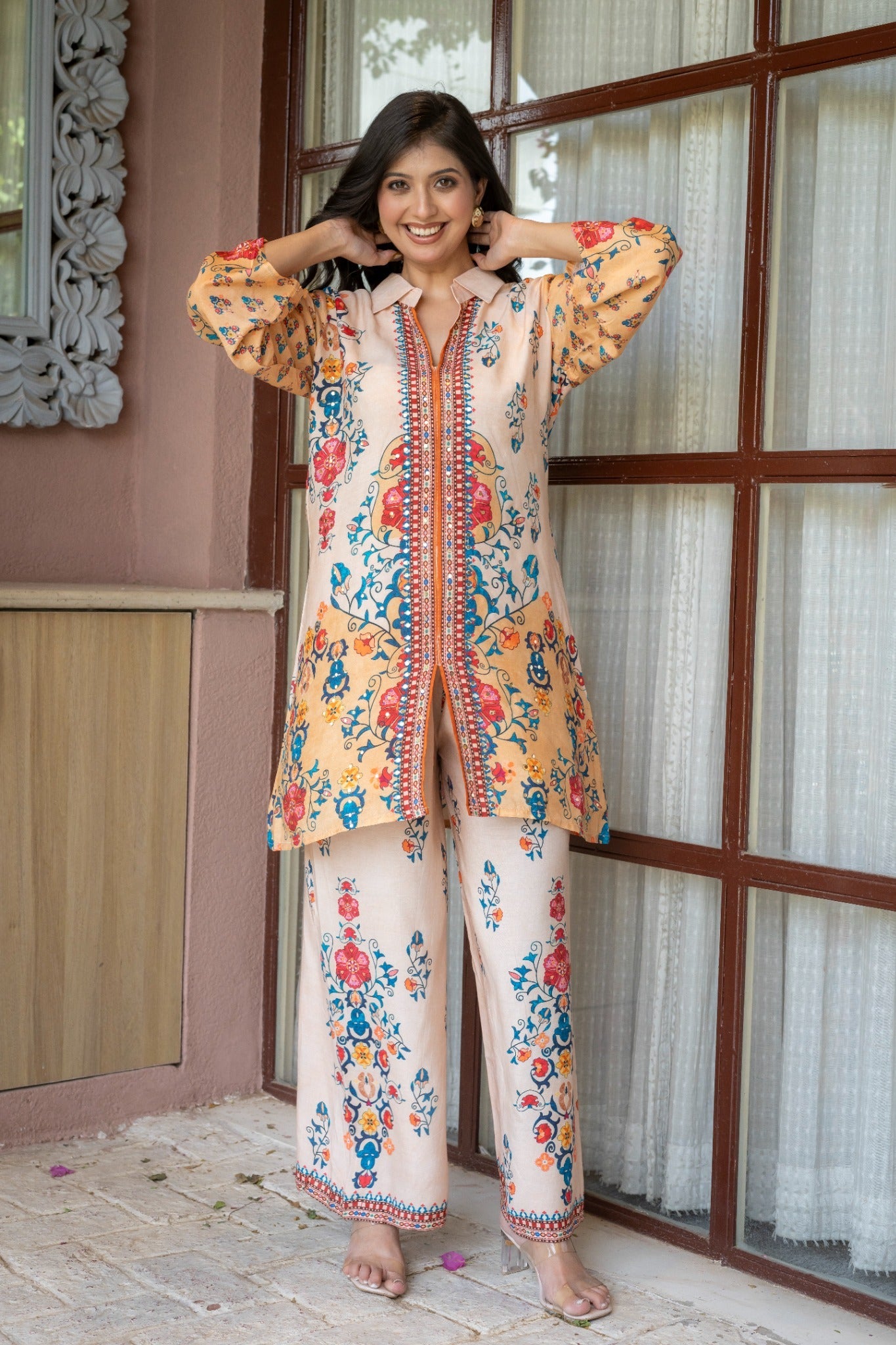 Peach Floral Printed Co-Ord Set for Women HSDAACSKN000006