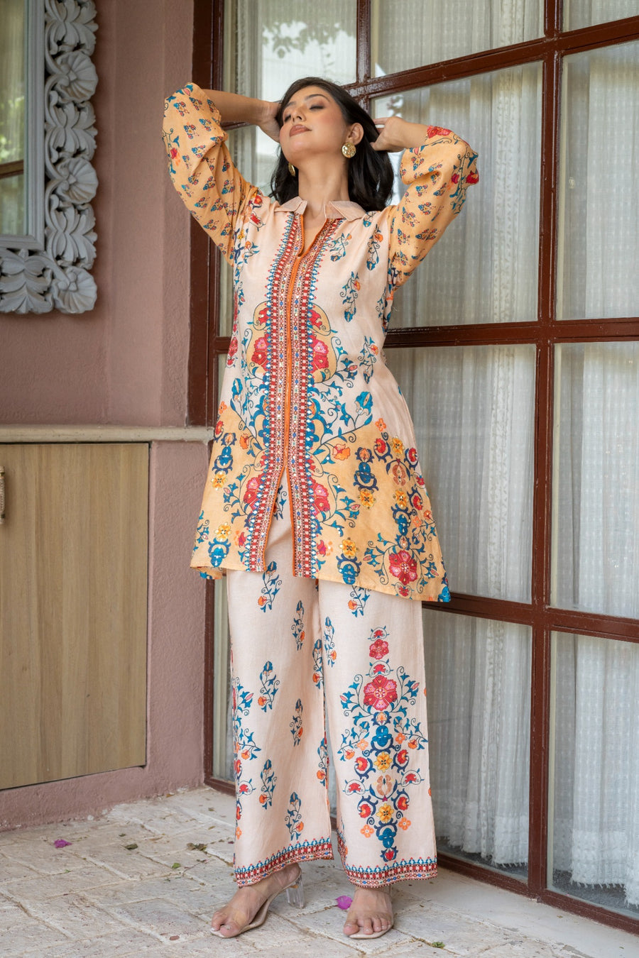 Peach Floral Printed Co-Ord Set for Women HSDAACSKN000006