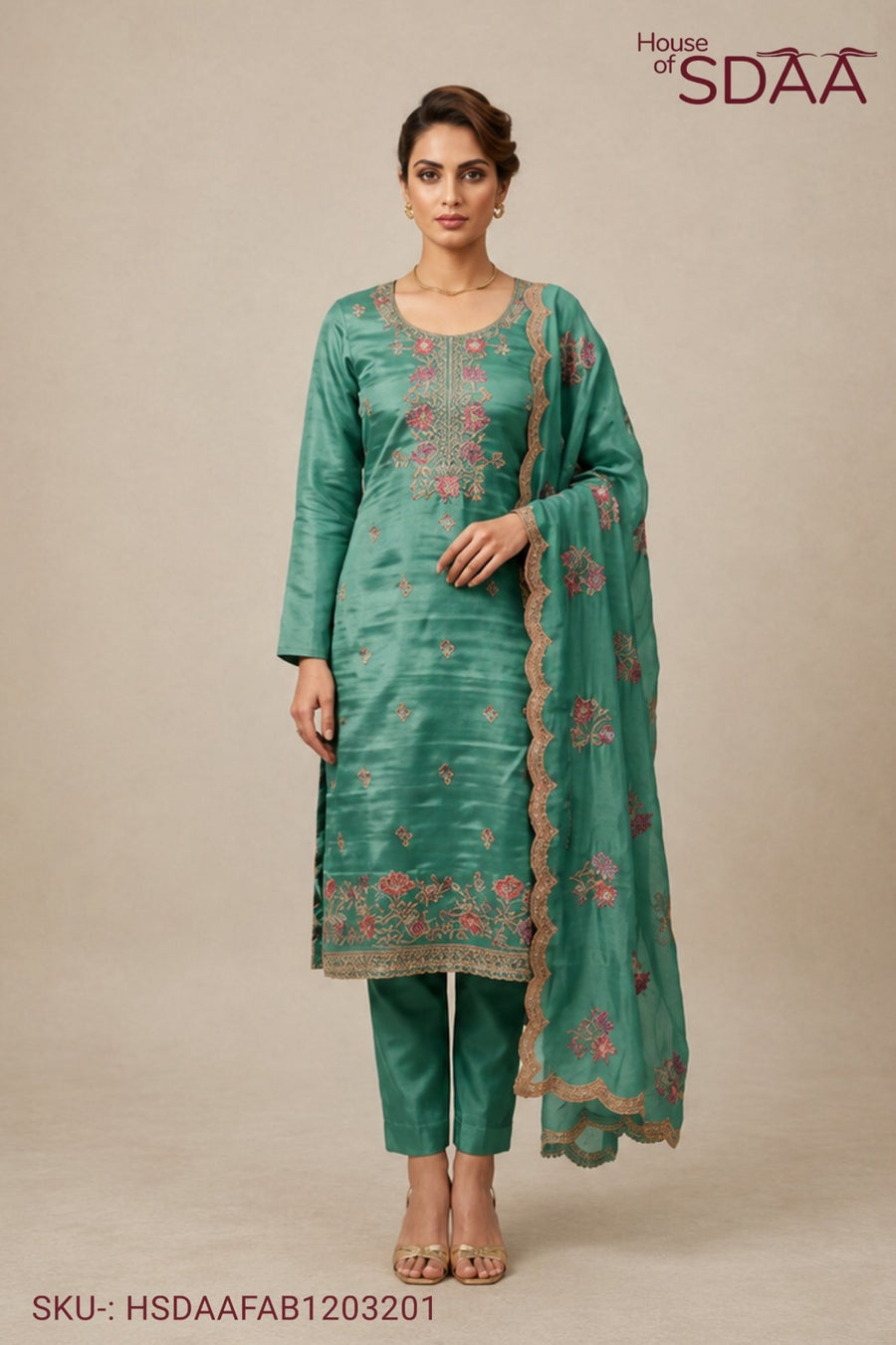 Sage Green Jay Silk Unstitched Dress Material with Floral Embroidery