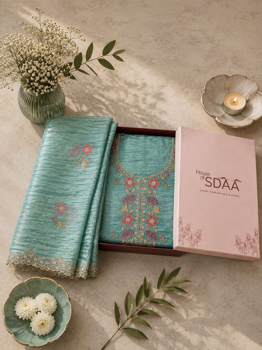 Sage Green Jay Silk Unstitched Dress Material with Floral Embroidery