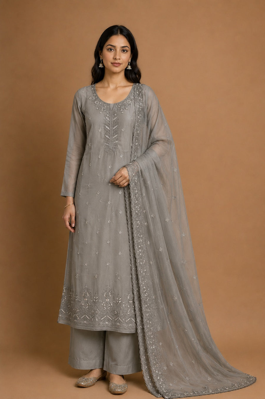 Grey Chanderi Silk Embroidered Unstitched Suit Set