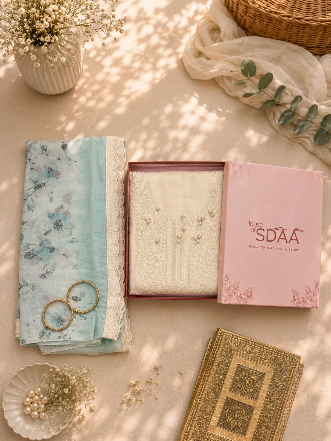 Ivory Aqua Muslin Unstitched Suit Set with Floral Printed Dupatta