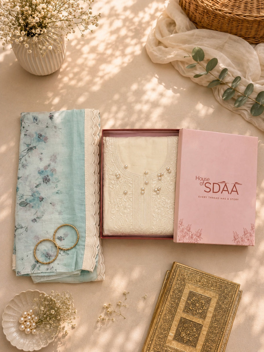 Ivory Aqua Muslin Unstitched Suit Set with Floral Printed Dupatta