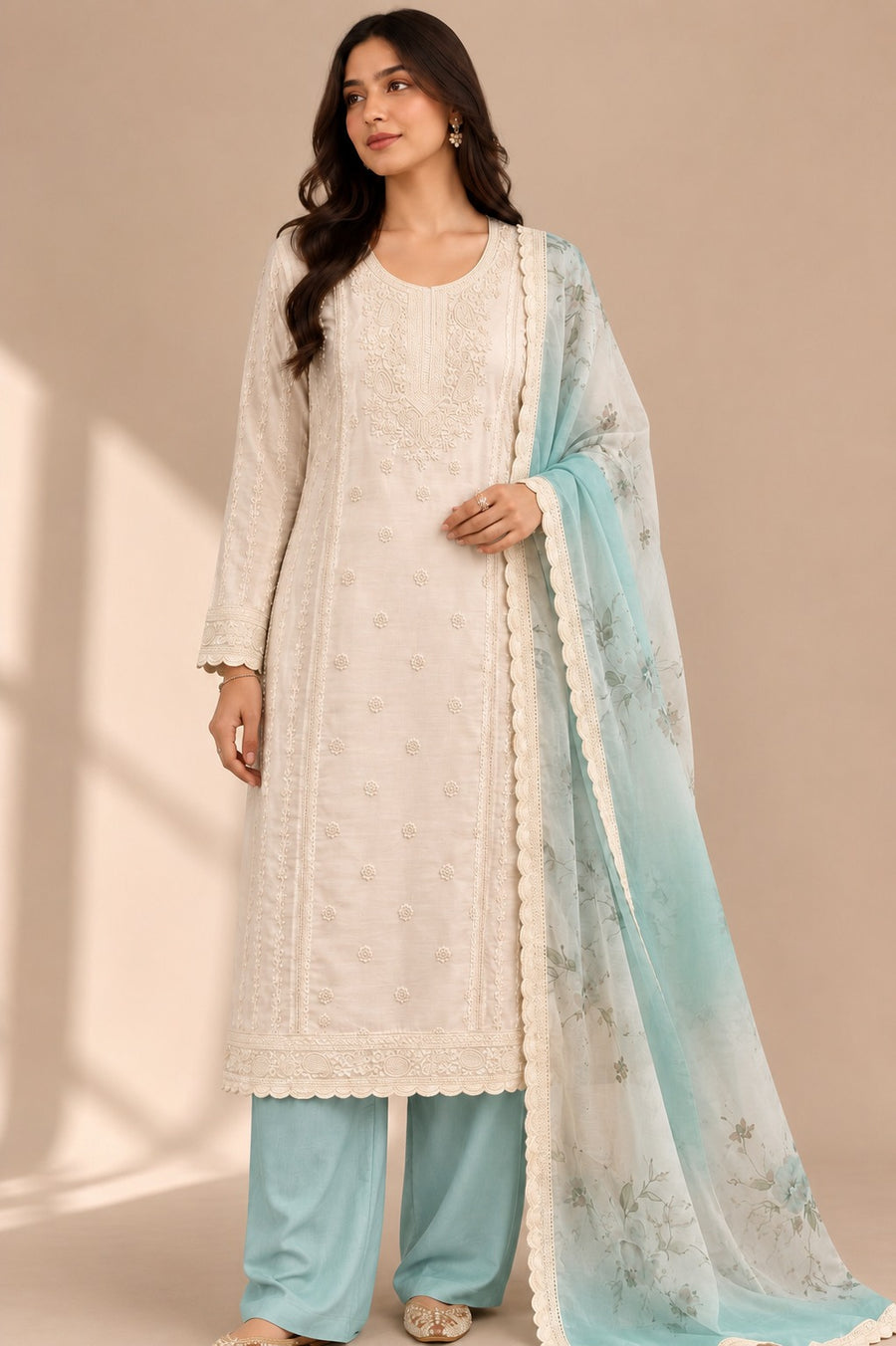 Ivory Aqua Muslin Unstitched Suit Set with Floral Printed Dupatta
