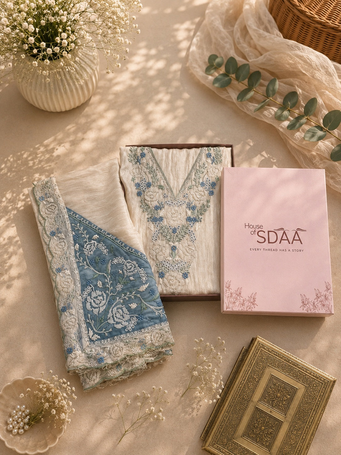 Cream & Blue Embroidered Tissue Silk Unstitched Dress Material