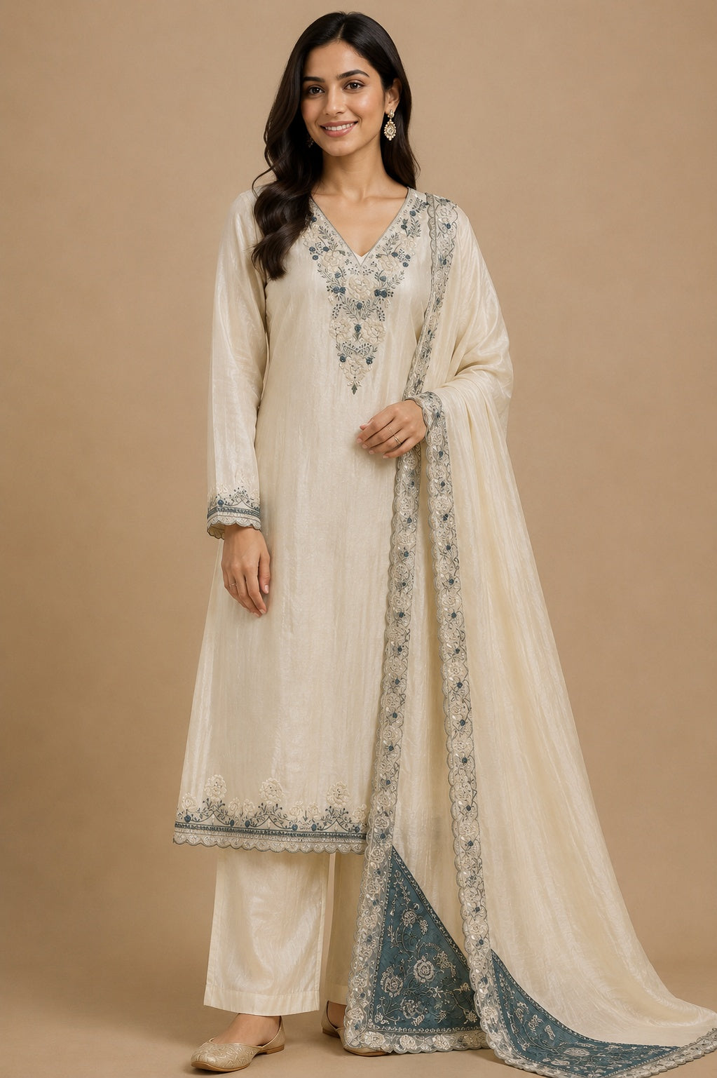 Cream & Blue Embroidered Tissue Silk Unstitched Dress Material