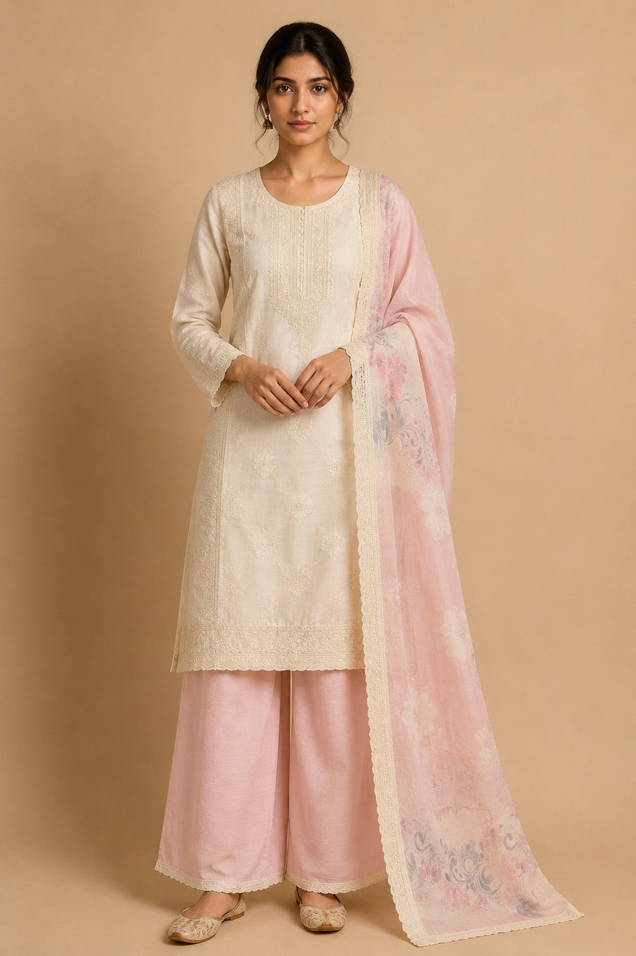 Cream Pink Muslin Unstitched Suit Set