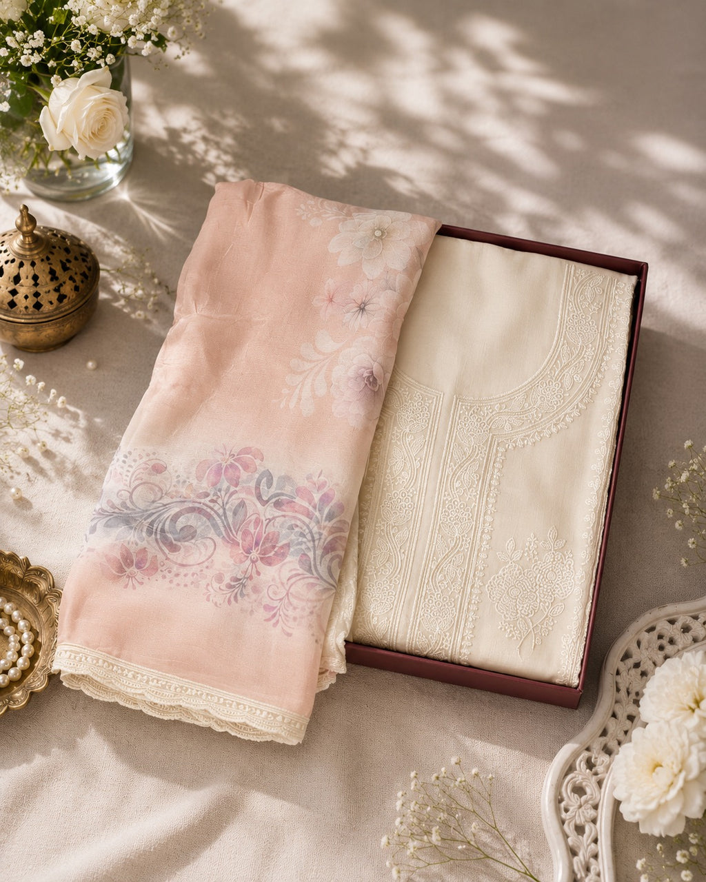 Cream Peach Muslin Unstitched Suit Set