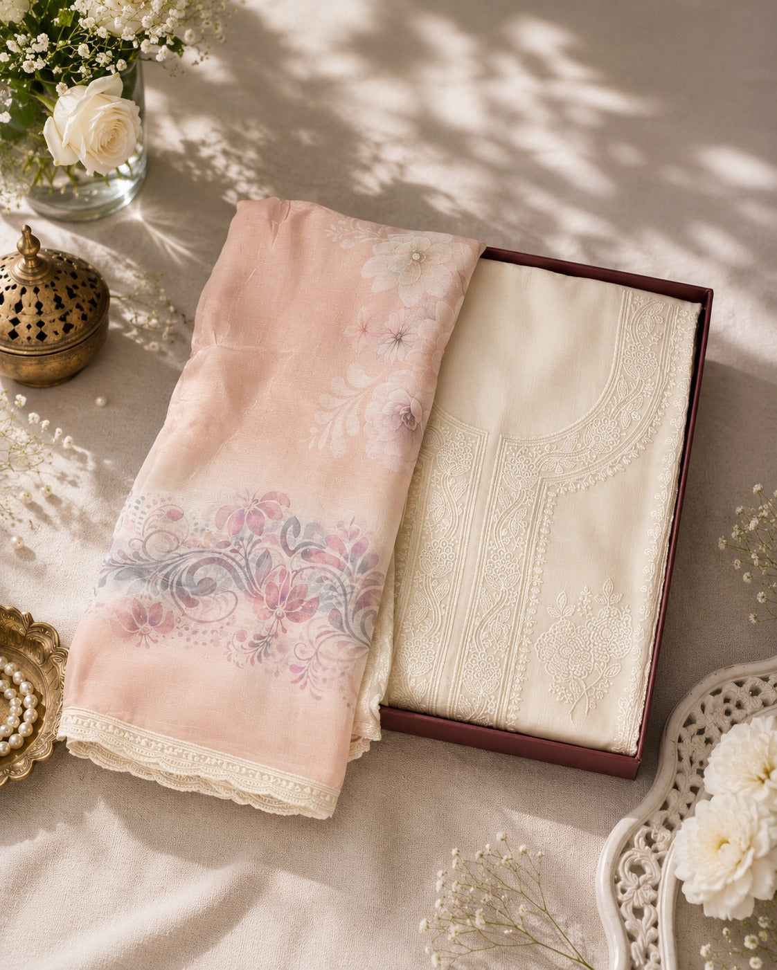 Cream Peach Muslin Unstitched Suit Set