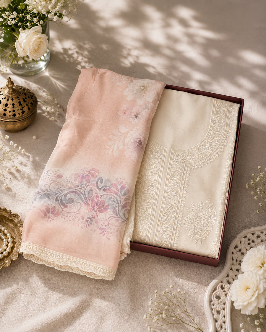 Cream Peach Muslin Unstitched Suit Set