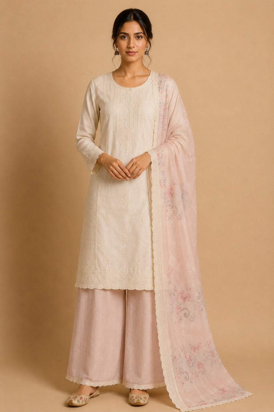 Cream Peach Muslin Unstitched Suit Set