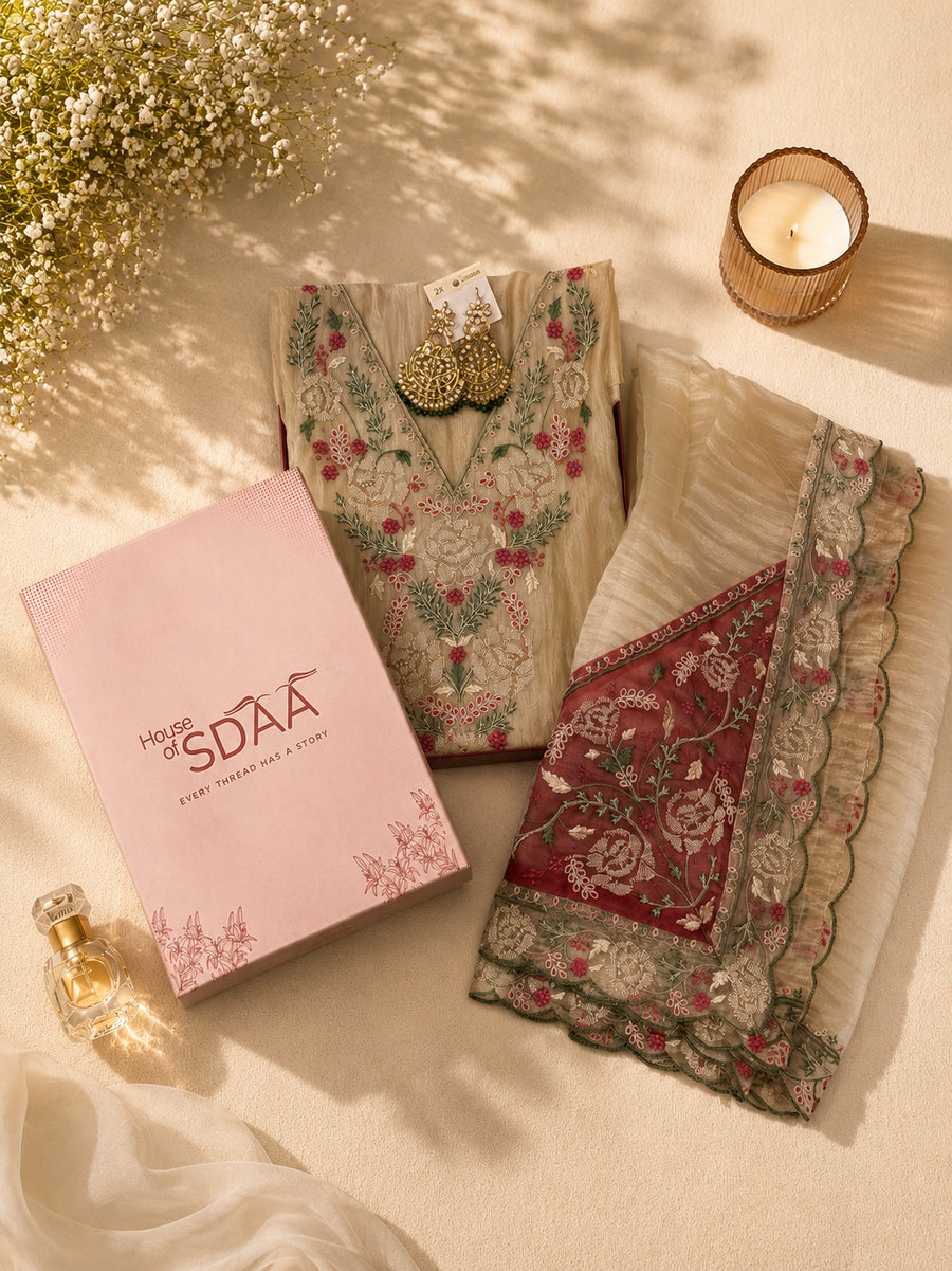 Cream Pink Tissue Silk Unstitched Suit Set