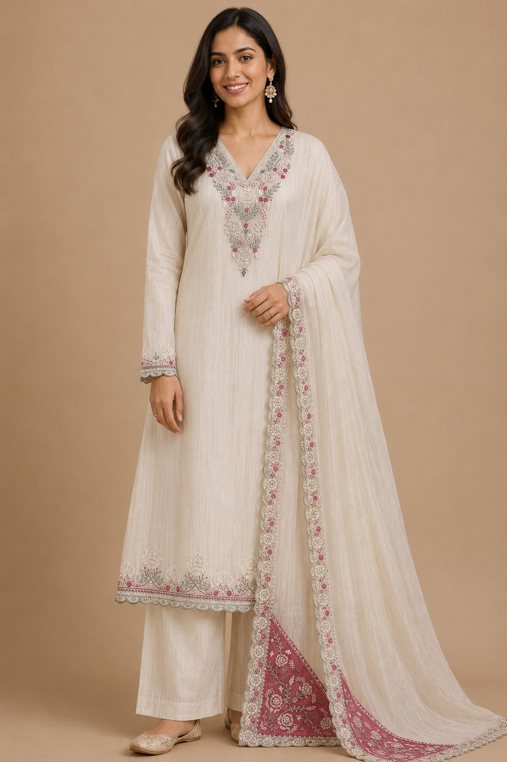 Cream Pink Tissue Silk Unstitched Suit Set