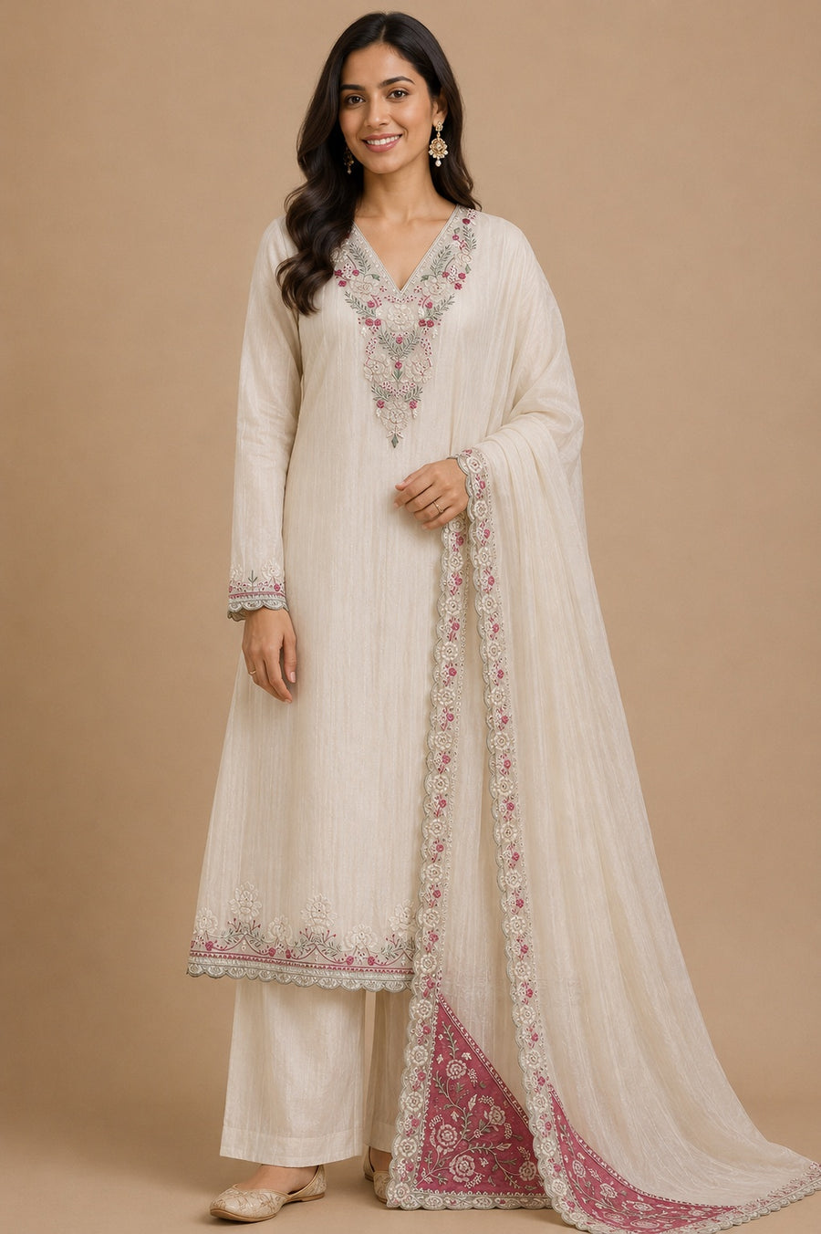 Cream Pink Tissue Silk Unstitched Suit Set