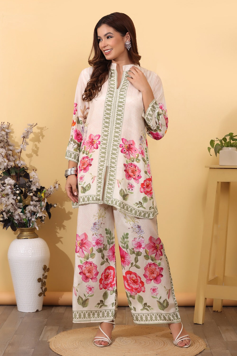Ivory Floral Printed Co-Ord Set for Women HSDAACSKN000015