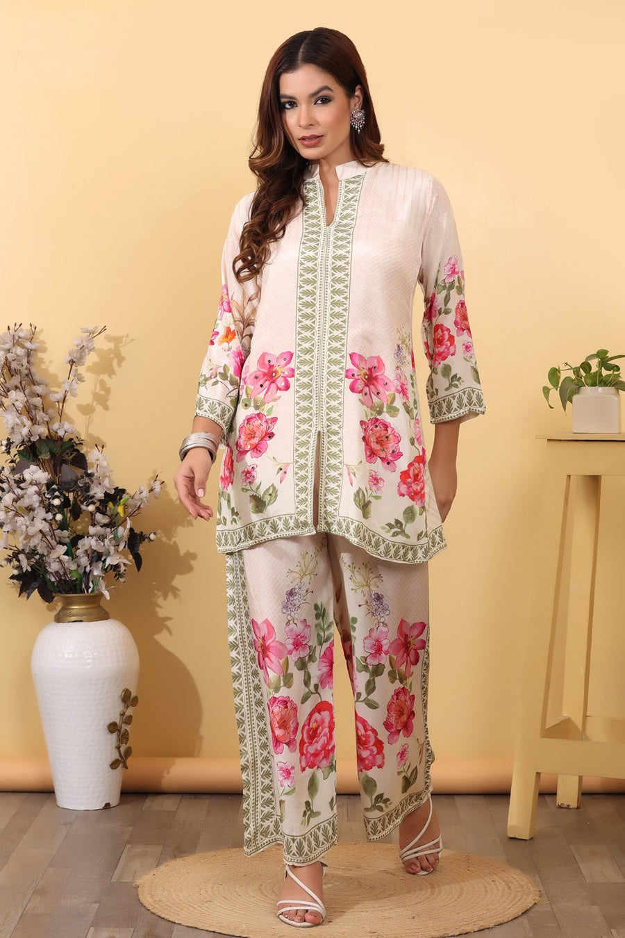 Ivory Floral Printed Co-Ord Set for Women HSDAACSKN000015