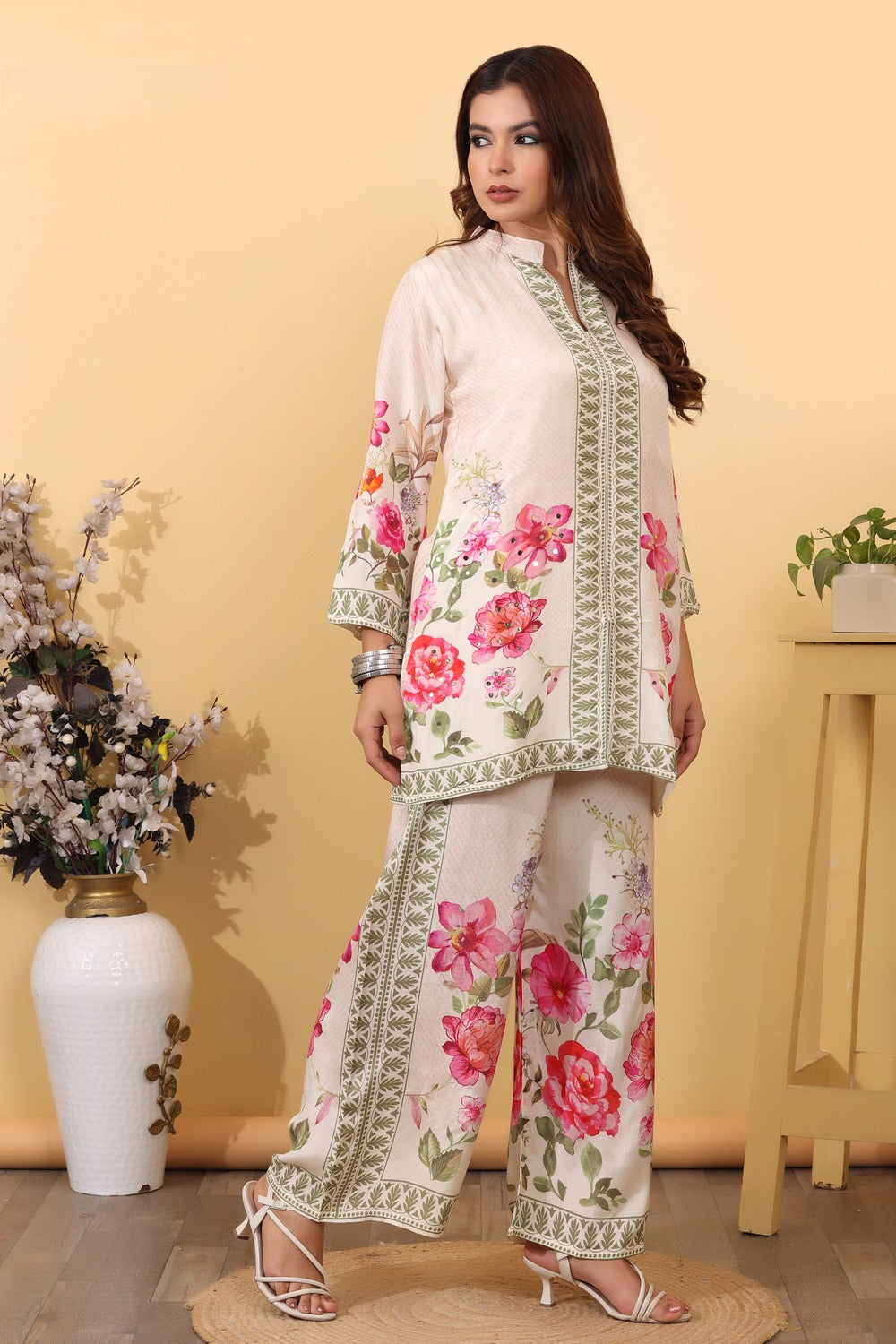 Ivory Floral Printed Co-Ord Set for Women HSDAACSKN000015