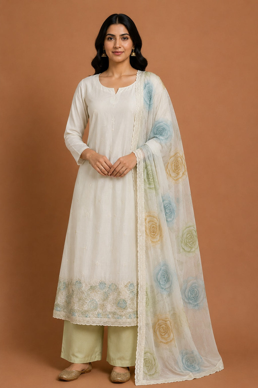 Cream Green Muslin Unstitched Dress Material with Floral Printed Dupatta