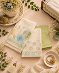 Cream Green Muslin Unstitched Dress Material with Floral Printed Dupatta