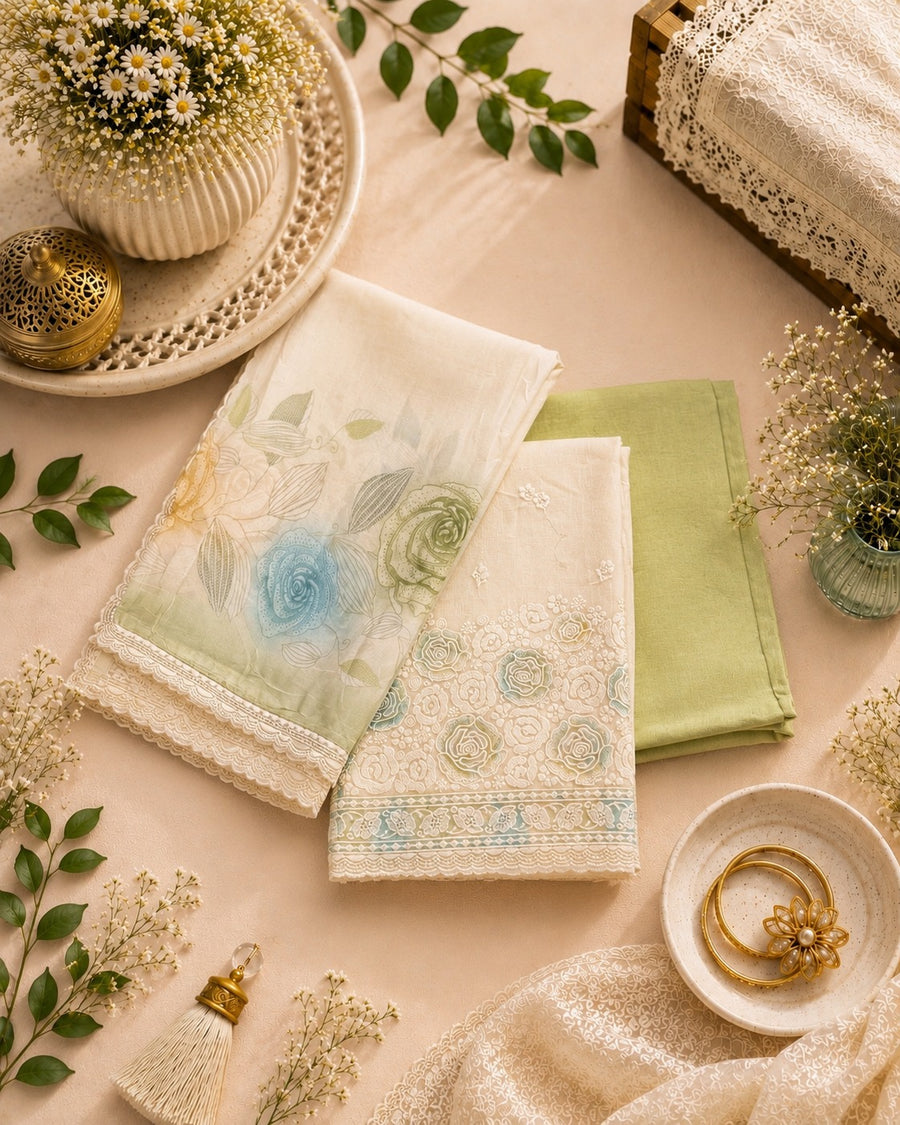 Cream Green Muslin Unstitched Dress Material with Floral Printed Dupatta