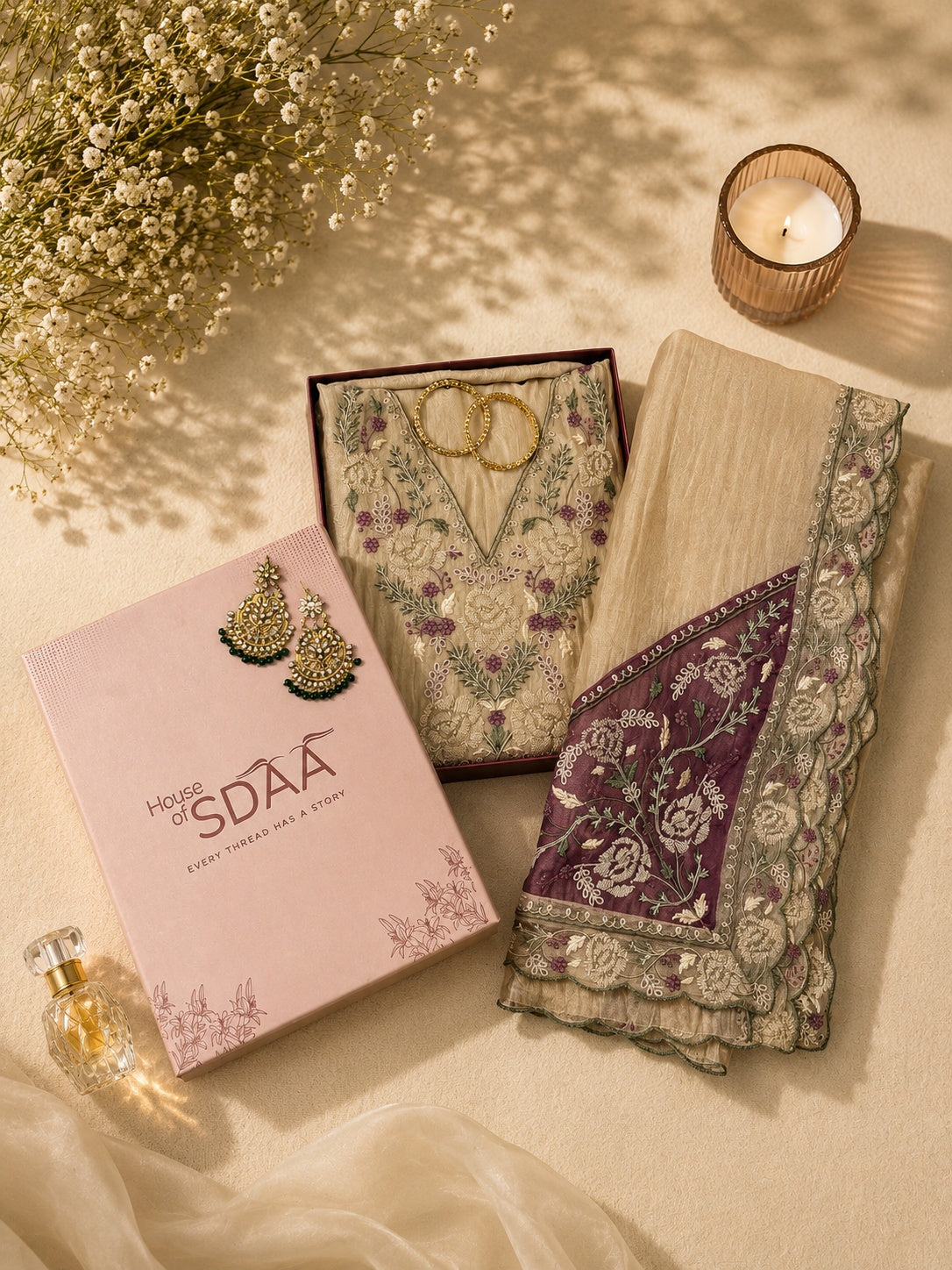 Cream & Purple Embroidered Tissue Silk Unstitched Dress Material