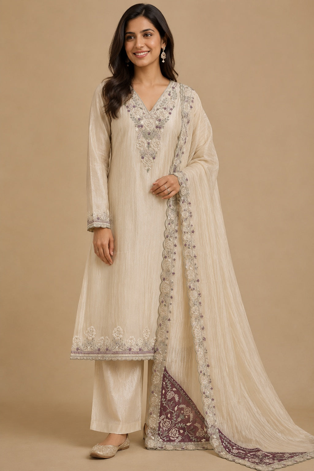Cream & Purple Embroidered Tissue Silk Unstitched Dress Material