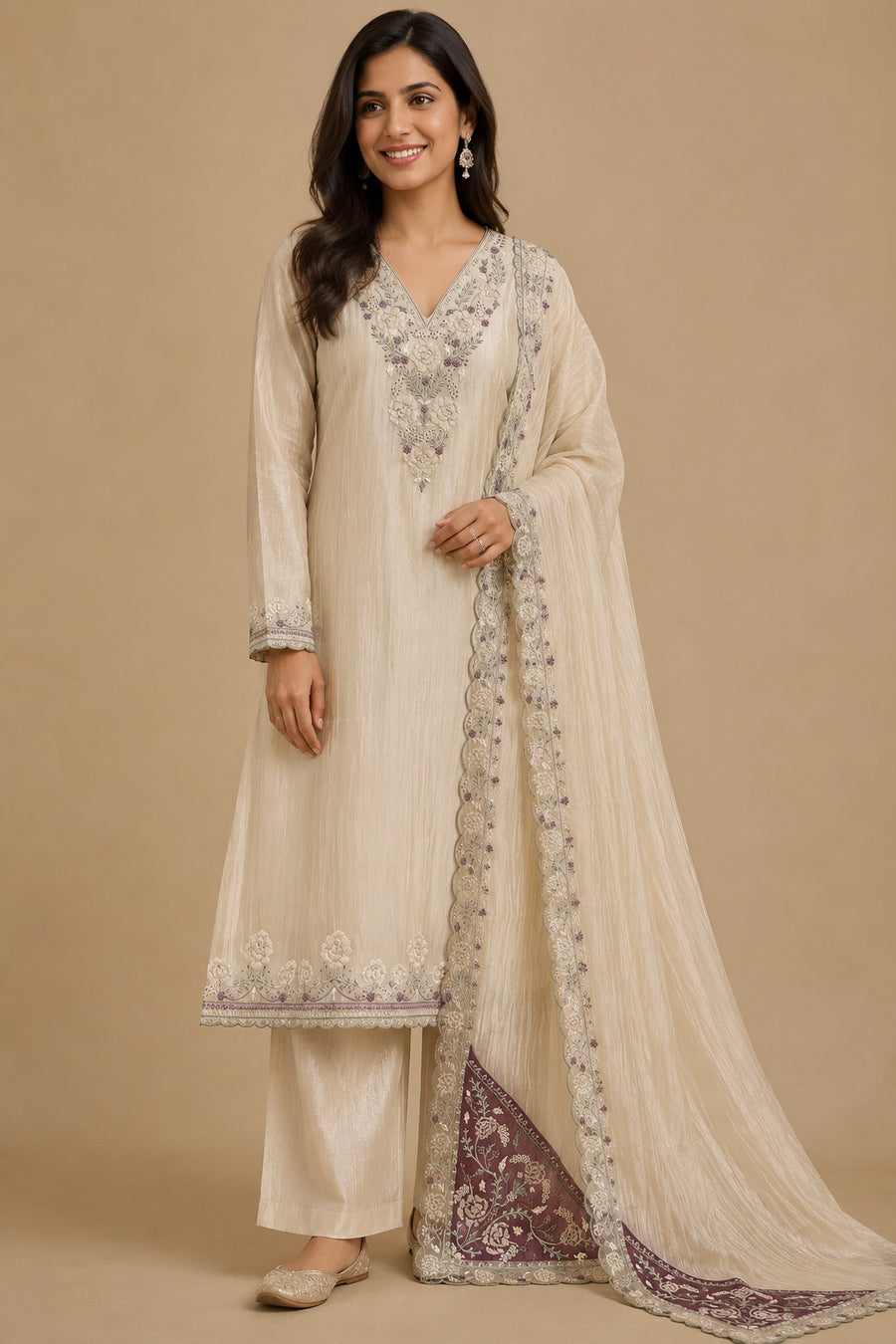 Cream & Purple Embroidered Tissue Silk Unstitched Dress Material