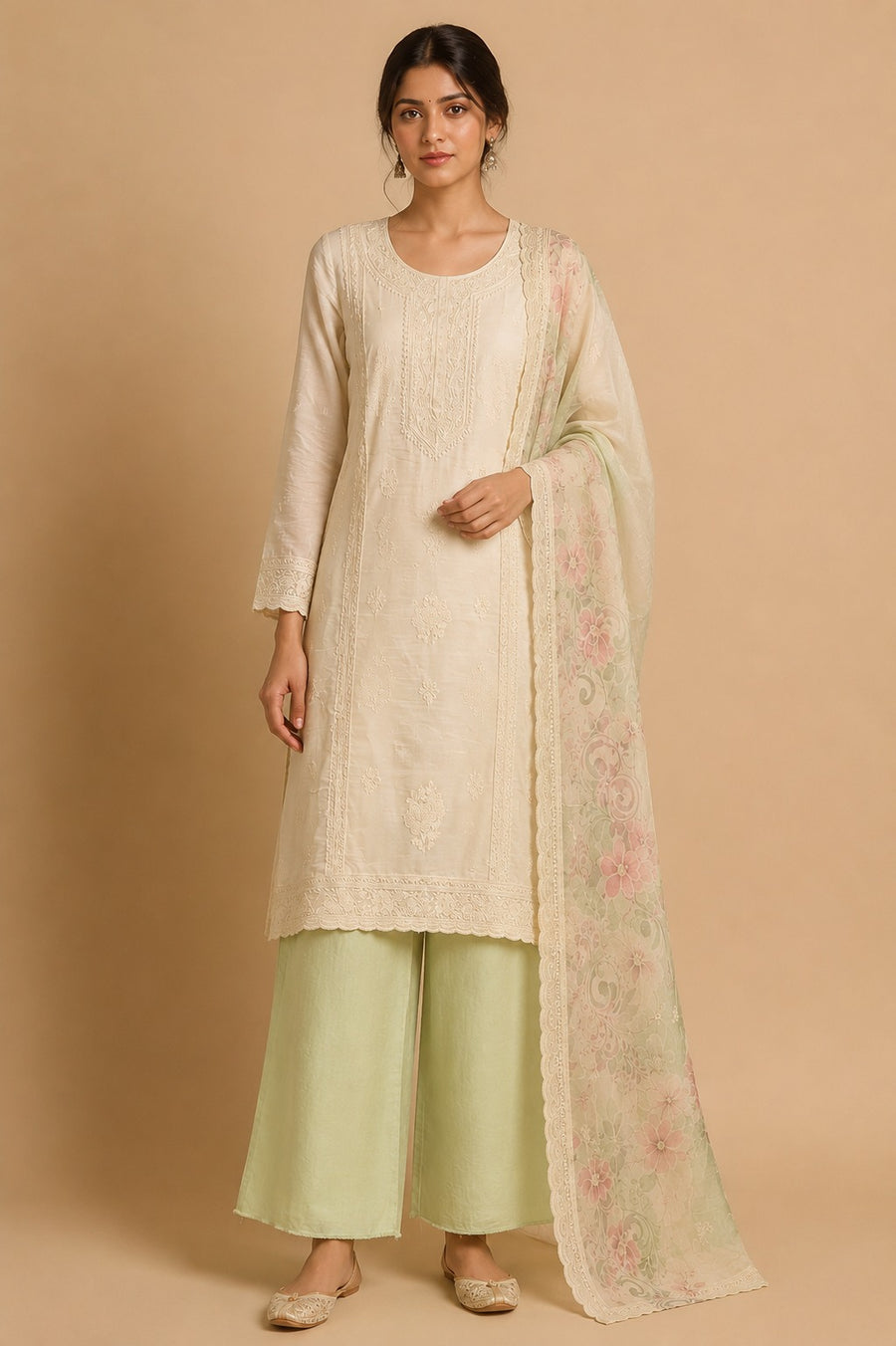 Cream Green Muslin Unstitched Suit Set