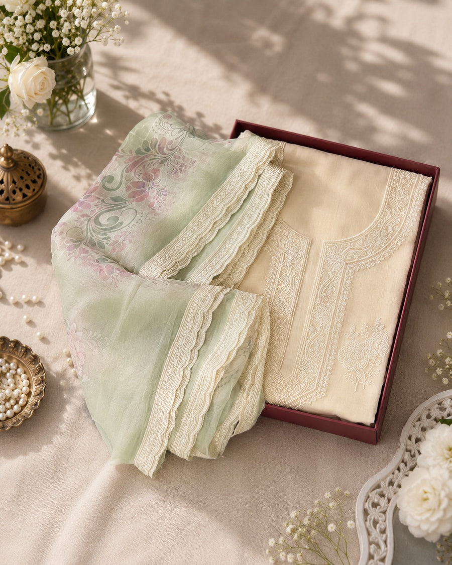 Cream Green Muslin Unstitched Suit Set