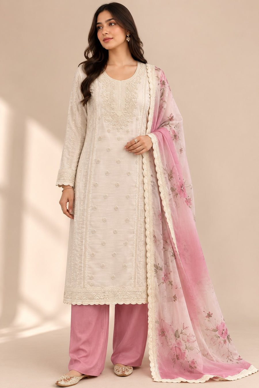 Cream Pink Muslin Unstitched Suit Set with Floral Printed Dupatta