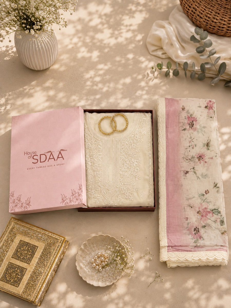 Cream Pink Muslin Unstitched Suit Set with Floral Printed Dupatta