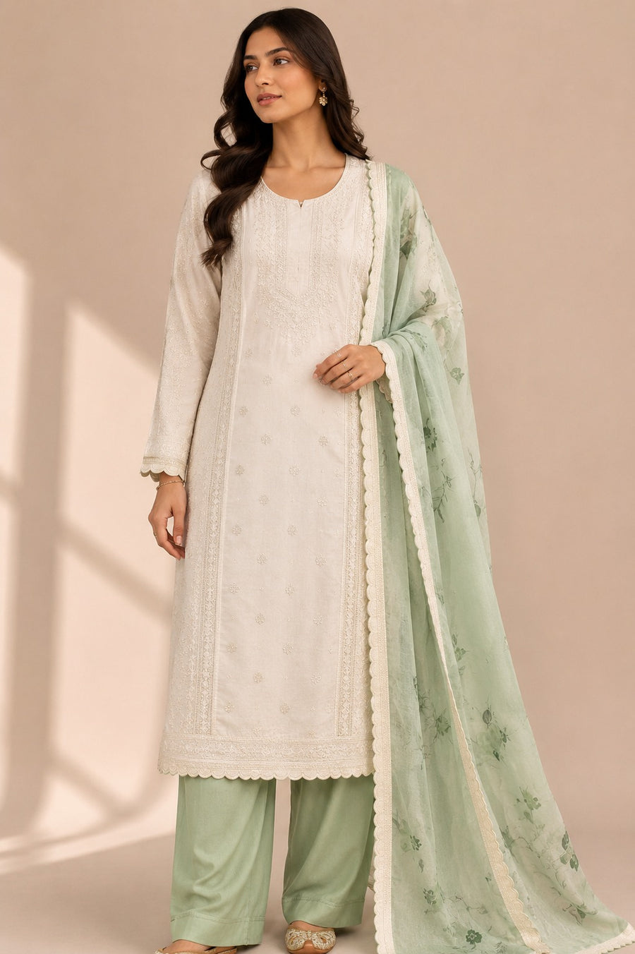 Cream Green Muslin Unstitched Suit Set with Floral Printed Dupatta