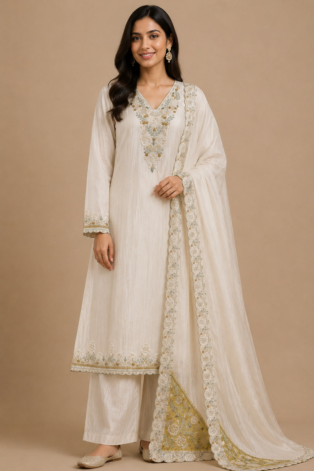Cream & Yellow Embroidered Tissue Silk Unstitched Dress Material