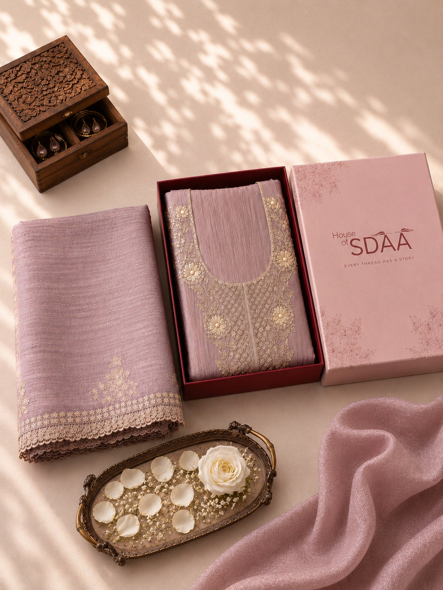 Mauve Chanderi Silk Unstitched Suit Set