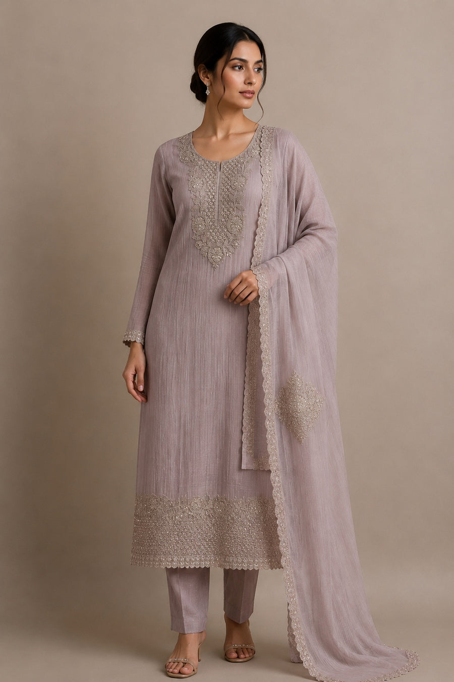 Mauve Chanderi Silk Unstitched Suit Set