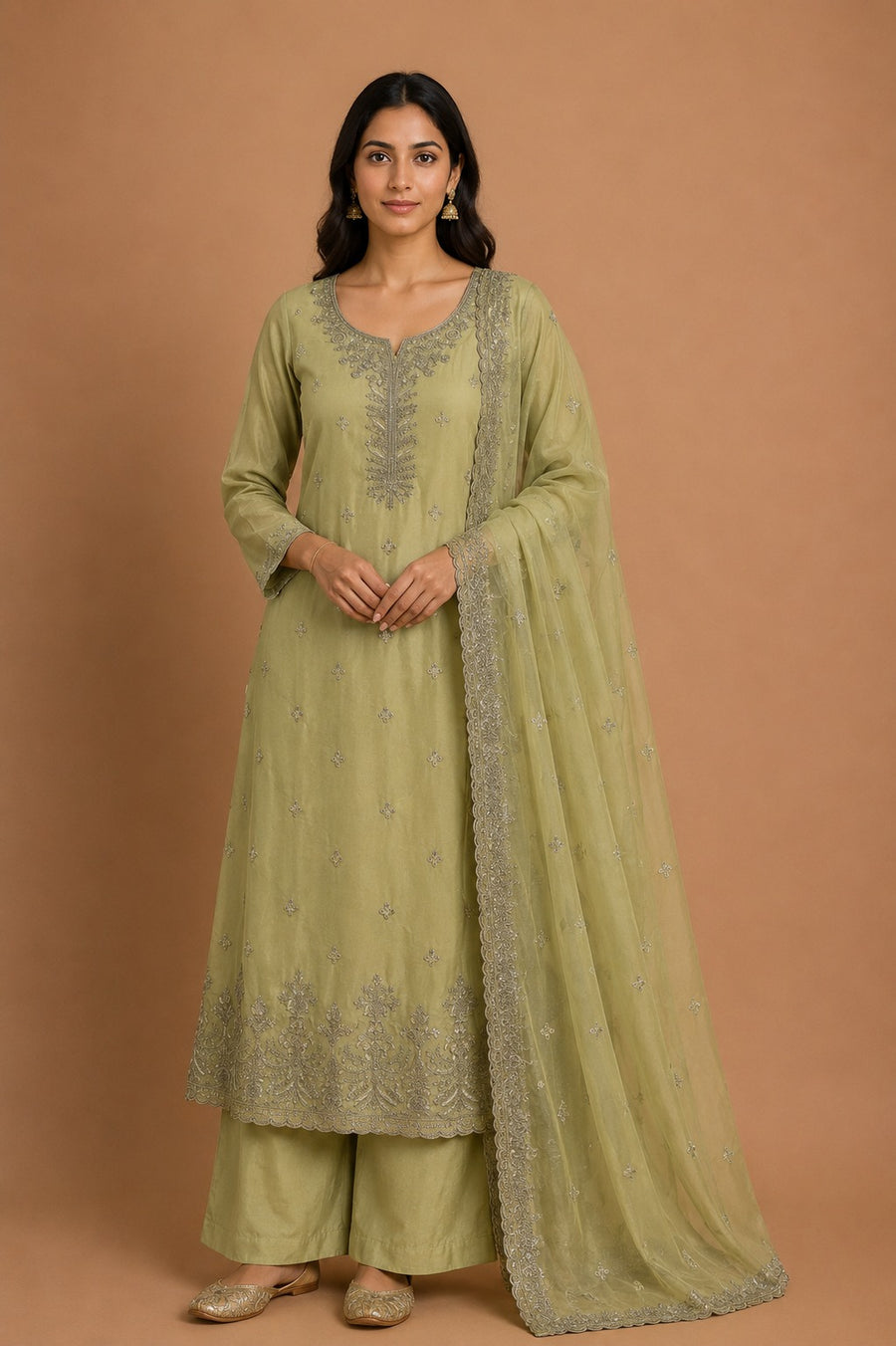 Lime Chanderi Silk Embroidered Unstitched Suit Set