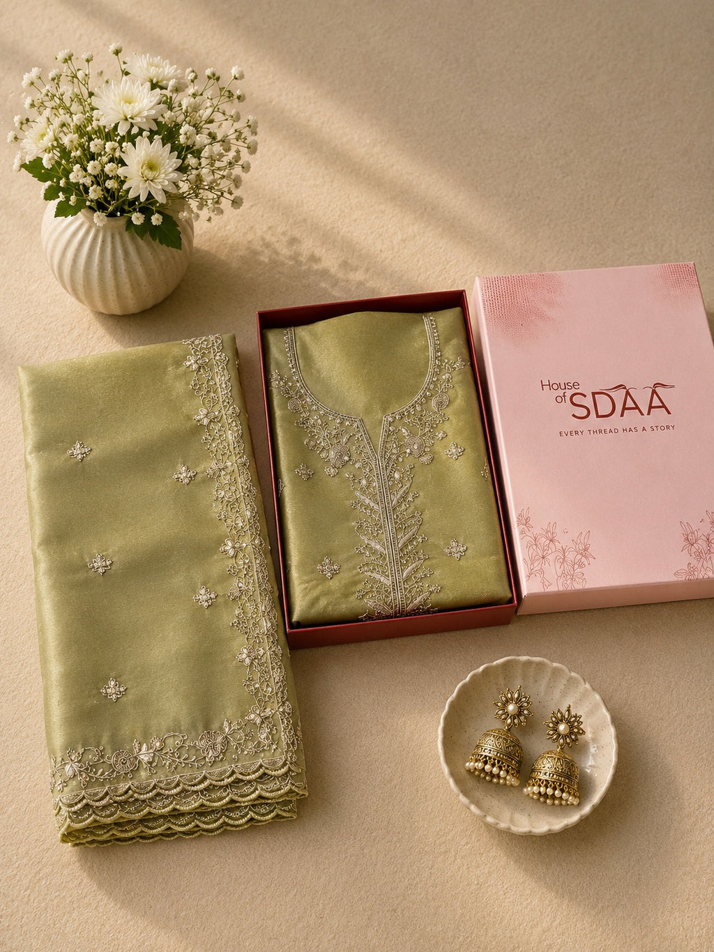 Lime Chanderi Silk Embroidered Unstitched Suit Set