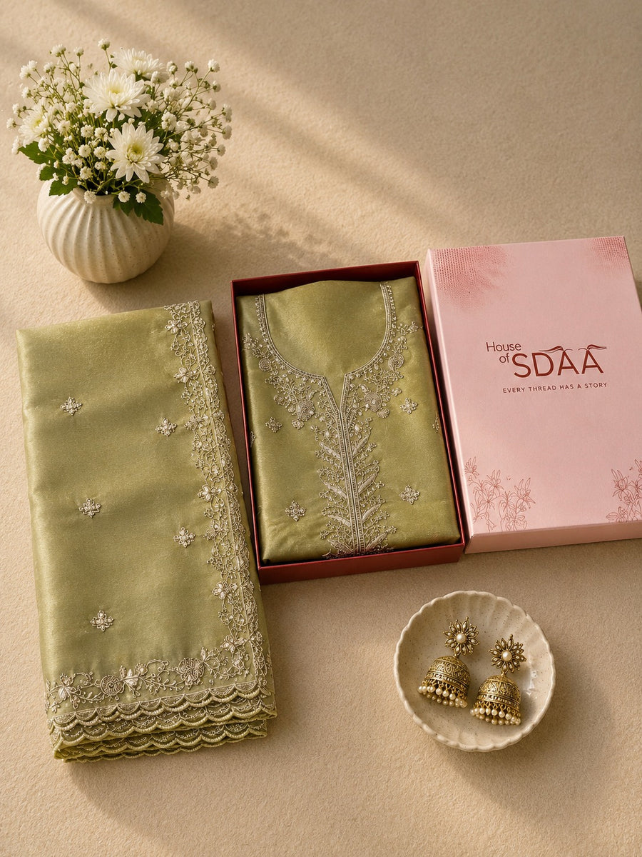 Lime Chanderi Silk Embroidered Unstitched Suit Set