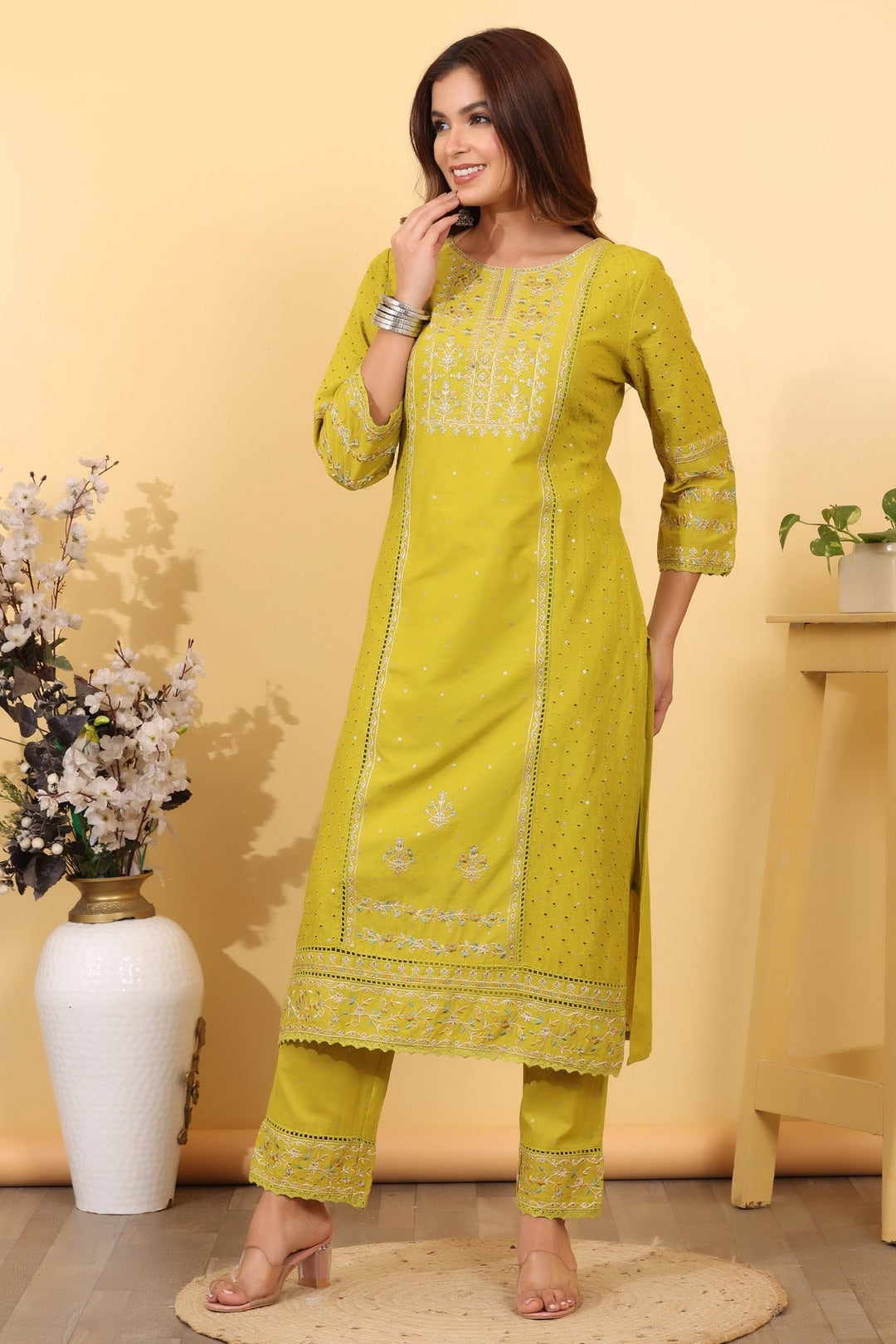 Lime Green Embroidered Cotton Salwar Kameez Set