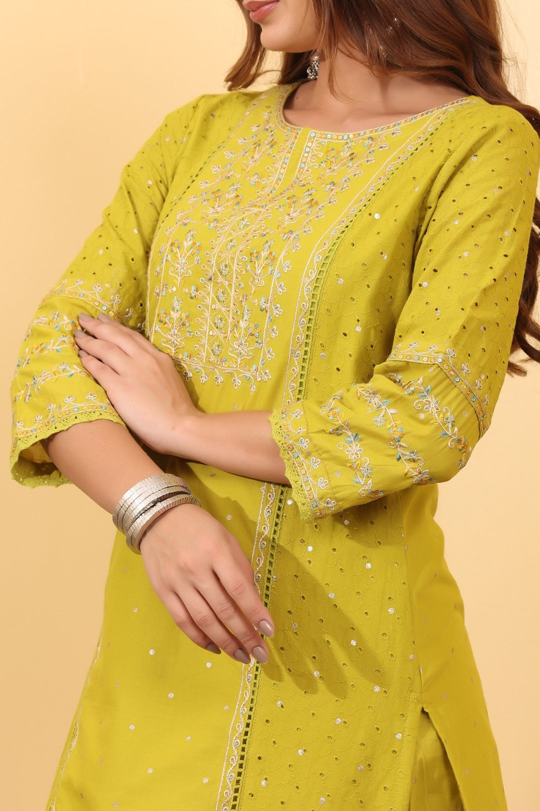 Lime Green Embroidered Cotton Salwar Kameez Set