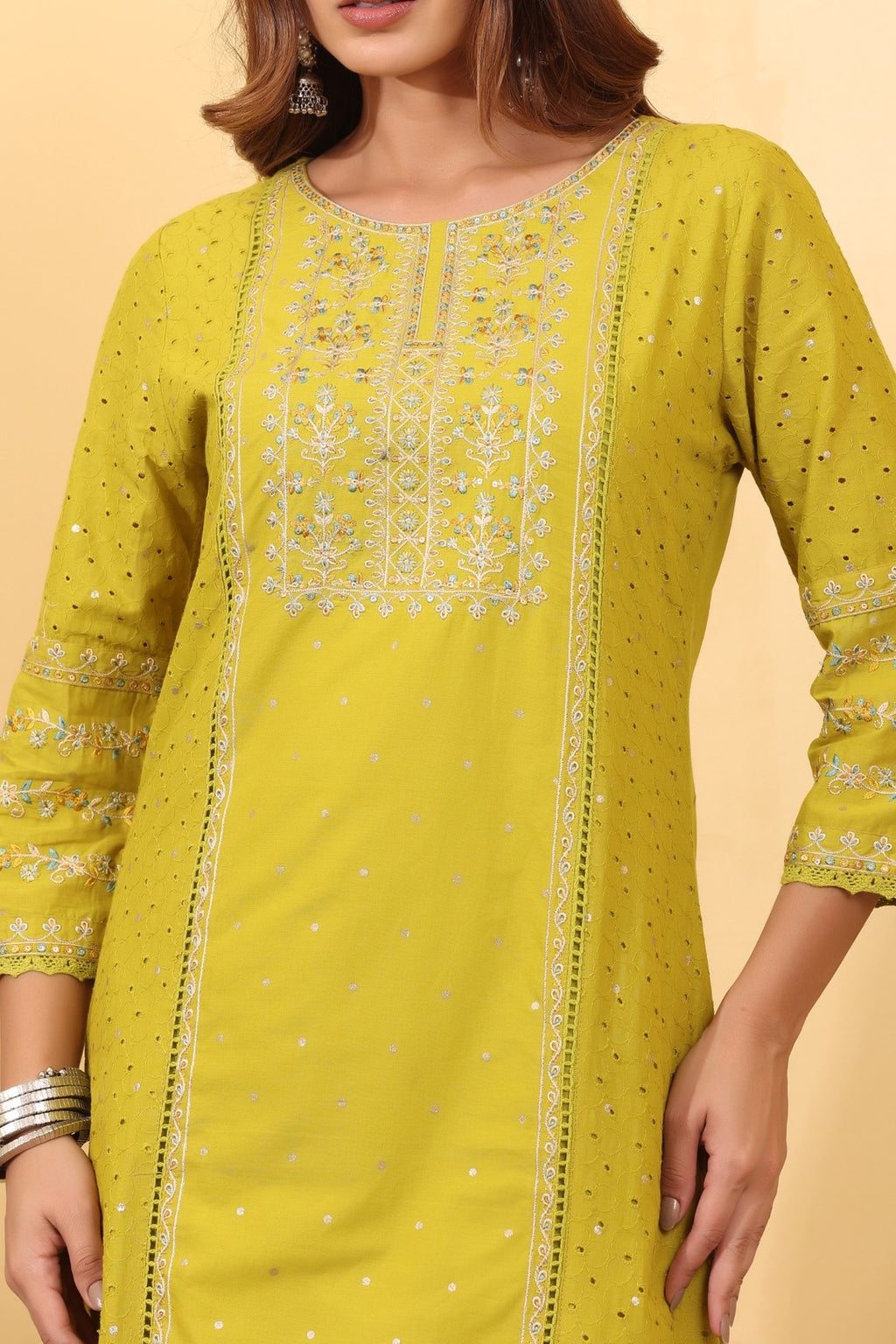Lime Green Embroidered Cotton Salwar Kameez Set