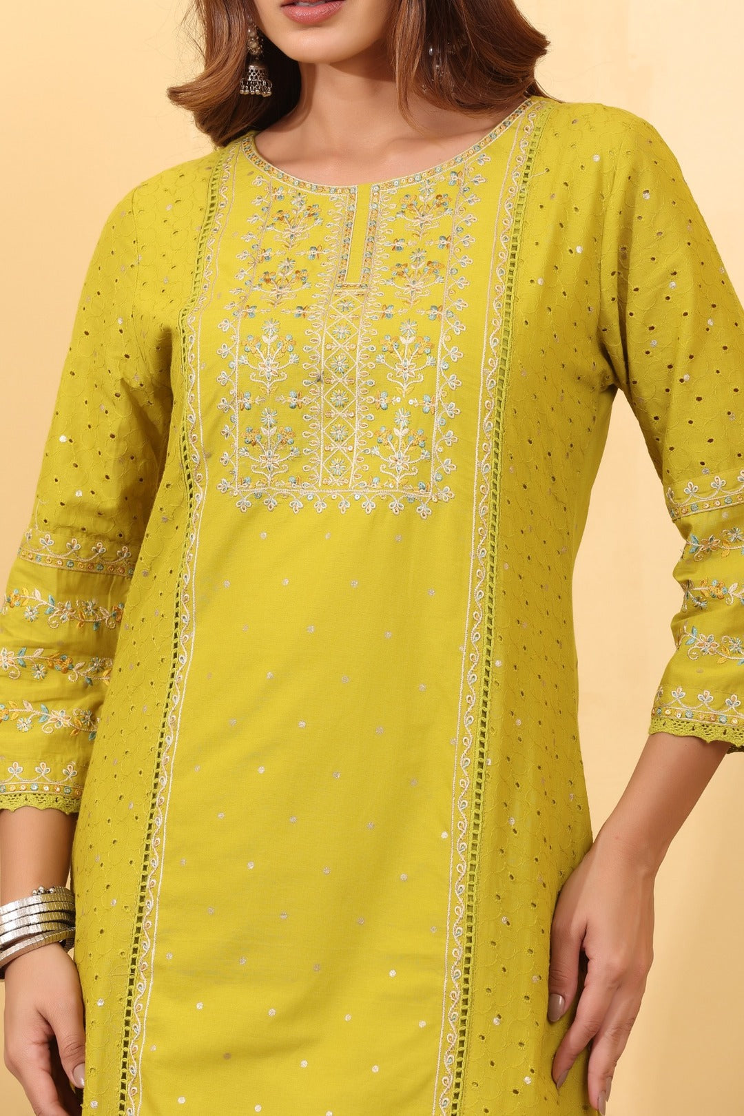 Lime Green Embroidered Cotton Salwar Kameez Set