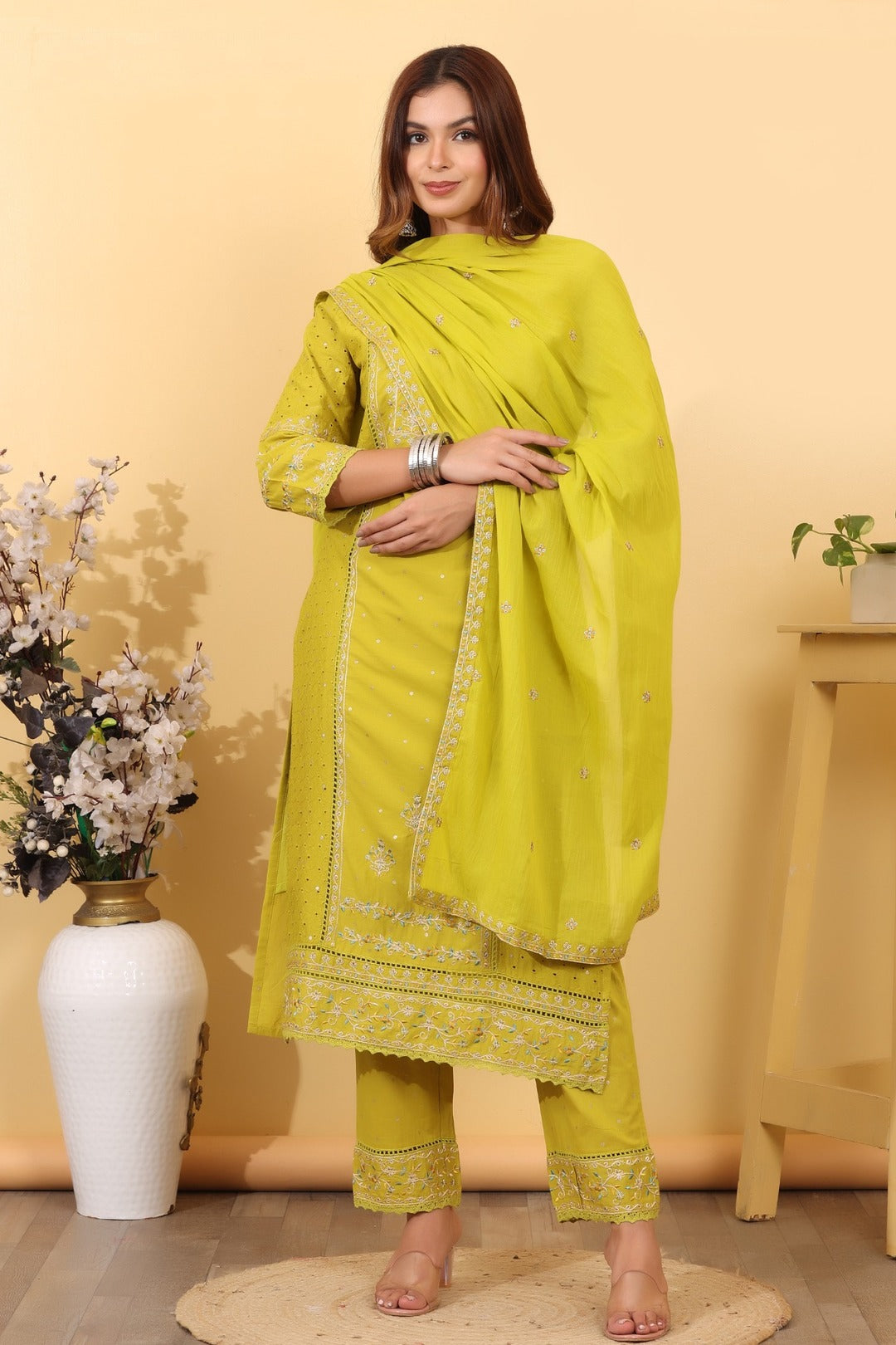 Lime Green Embroidered Cotton Salwar Kameez Set