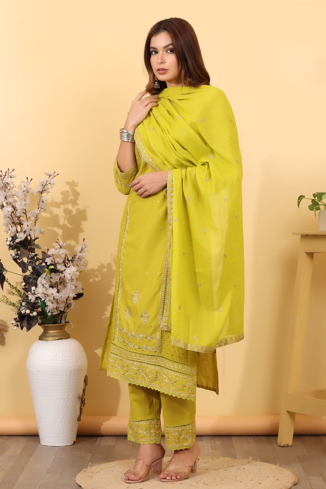 Lime Green Embroidered Cotton Salwar Kameez Set