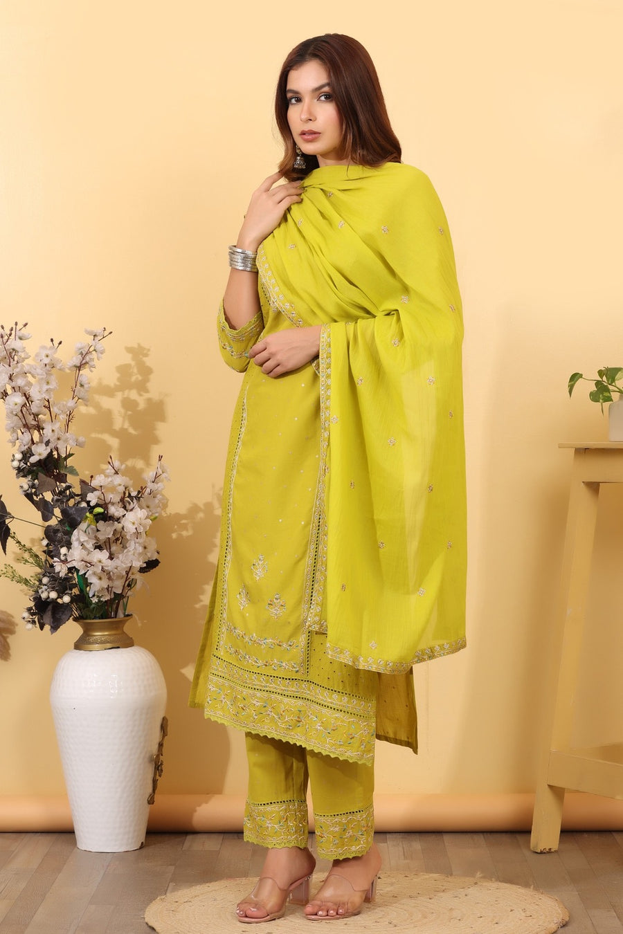 Lime Green Embroidered Cotton Salwar Kameez Set