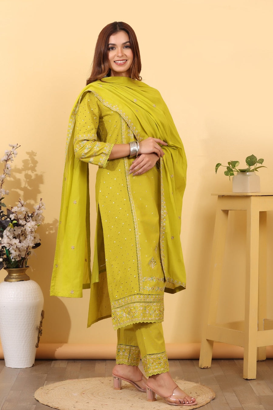 Lime Green Embroidered Cotton Salwar Kameez Set